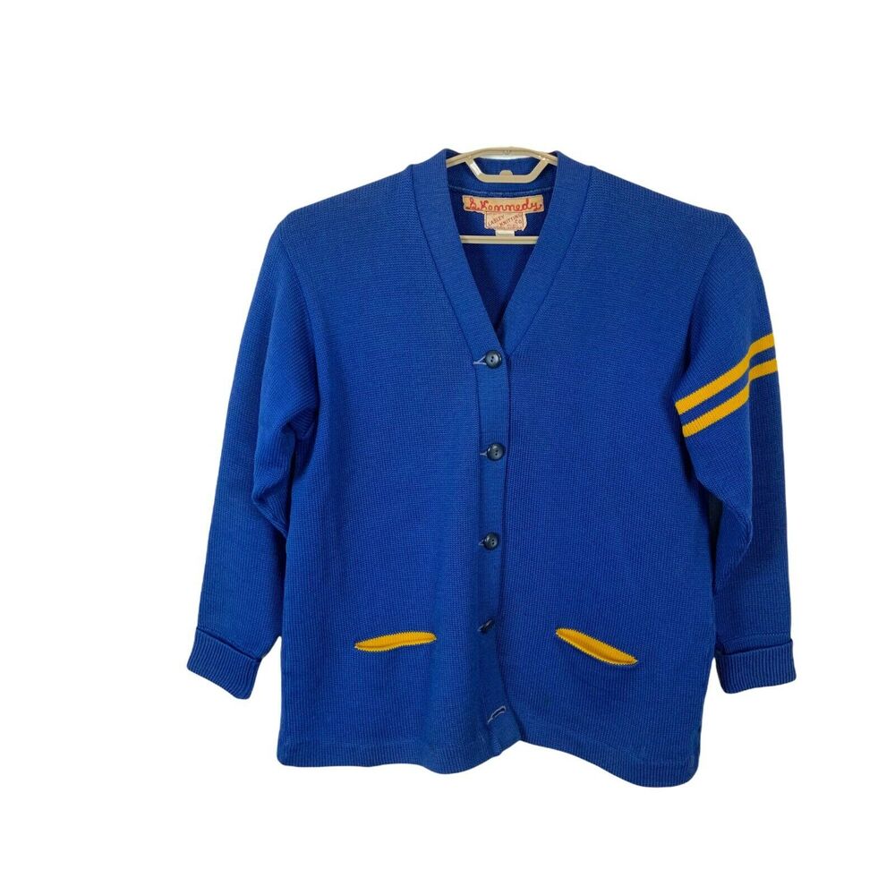 Letterman Varsity Sweater Vintage Lasley Knitting Co Womenβs Blue Gold Wool